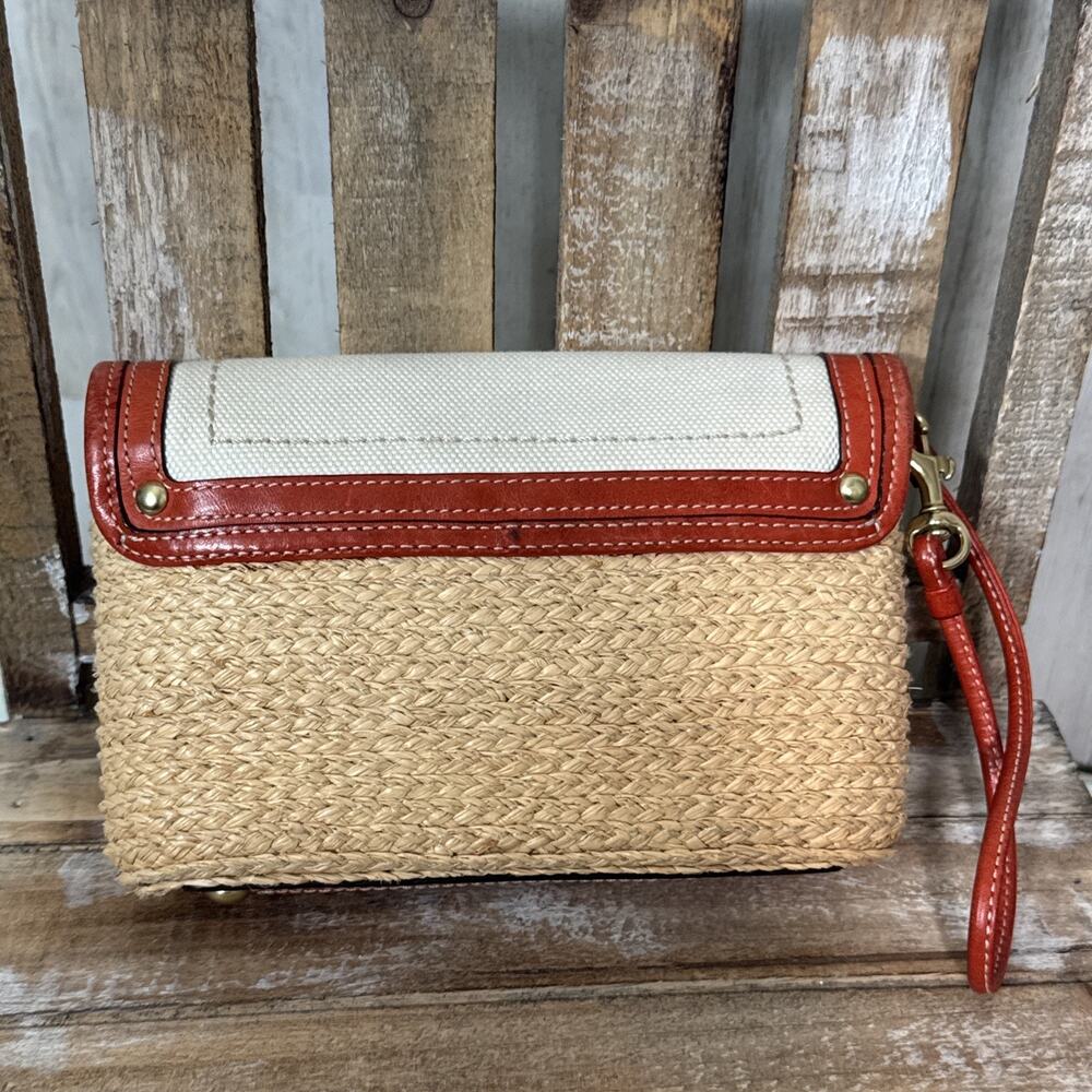 Coach Straw Leather Burnt Red Clutch Wristlet With Turnlock - Picture 2 of 12